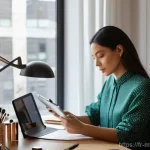 Home 8 메이크업아티스트 일상 브이로그 - **Prompt: "A serene and focused professional female makeup artist in her late 30s, wearing a chic, c...