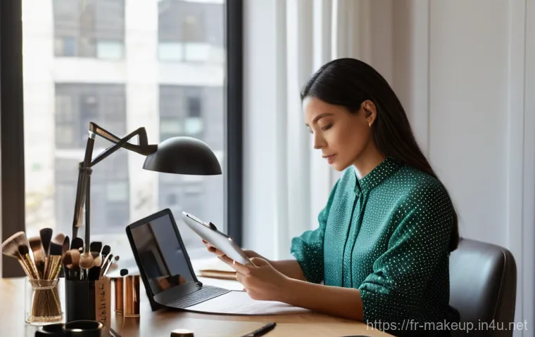 메이크업아티스트 일상 브이로그 - **Prompt: "A serene and focused professional female makeup artist in her late 30s, wearing a chic, c...