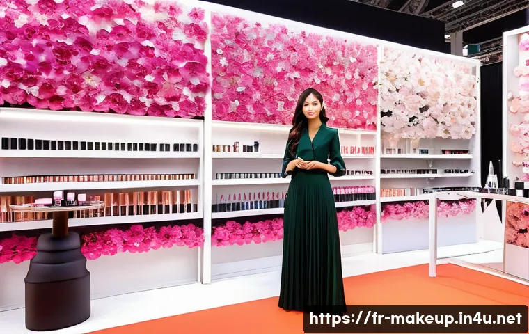 메이크업아티스트의 뷰티 박람회 준비 과정 - **Vibrant Beauty Salon Stand Experience:**
A bustling, beautifully designed beauty salon stand a...