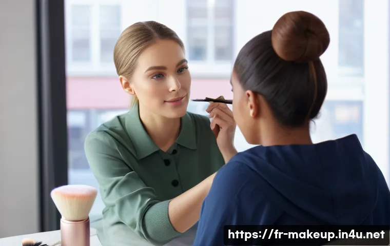 메이크업아티스트를 위한 실무 워크숍 - A professional makeup artist carefully applying a natural, luminous “no makeup” look on a female cli...