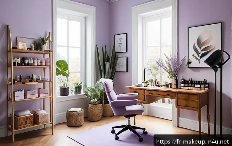 메이크업아티스트 업무 스트레스 관리 방법 - A serene and organized makeup artist’s workspace bathed in soft natural light, featuring neatly arra...