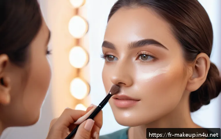 메이크업아티스트 성공 사례 분석 - A professional makeup artist applying a natural glowing makeup look on a young adult woman with fair...