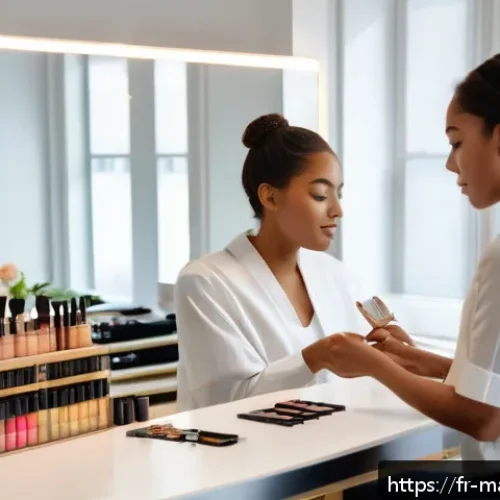Home 31 메이크업아티스트 이직 성공 사례 - A professional makeup artist in a modern, eco-friendly beauty studio, applying organic and natural m...