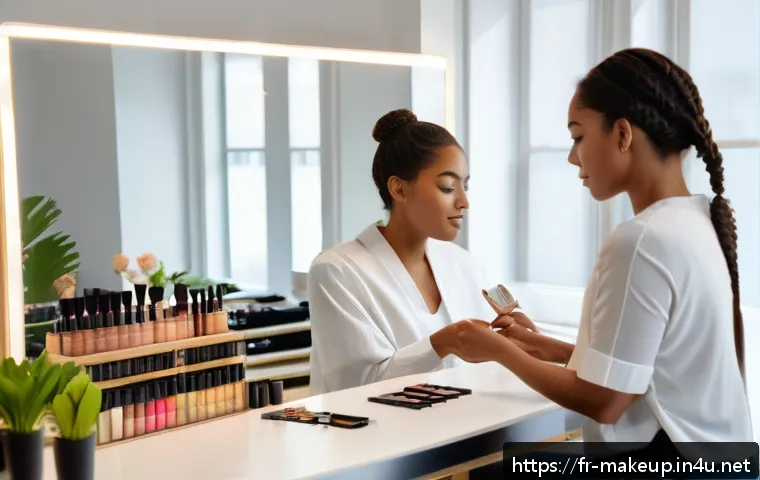 메이크업아티스트 이직 성공 사례 - A professional makeup artist in a modern, eco-friendly beauty studio, applying organic and natural m...