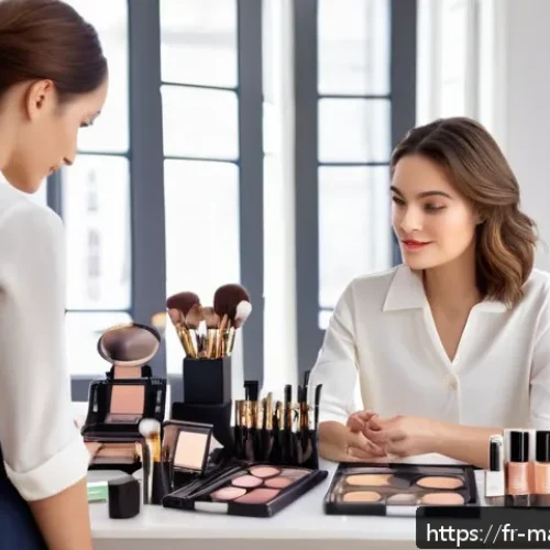 Home 30 메이크업아티스트 직업 윤리와 에티켓 - A professional makeup artist attentively listening to a French client in a chic Parisian studio, nat...