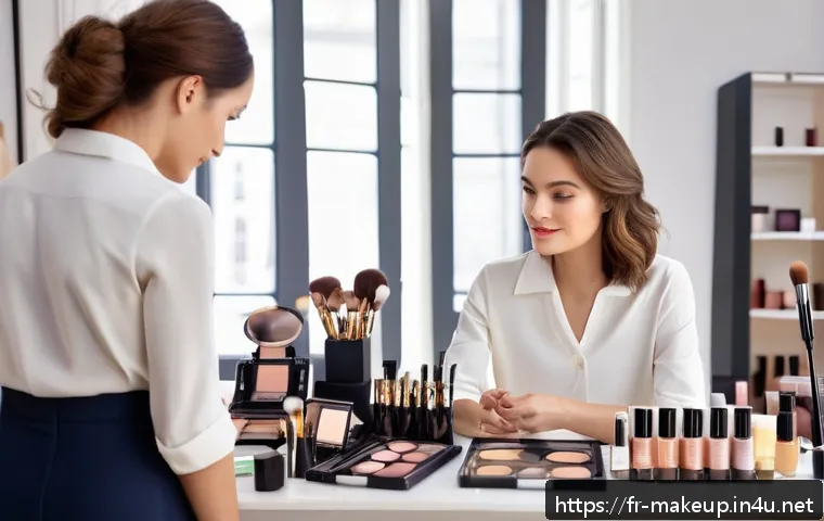 메이크업아티스트 직업 윤리와 에티켓 - A professional makeup artist attentively listening to a French client in a chic Parisian studio, nat...
